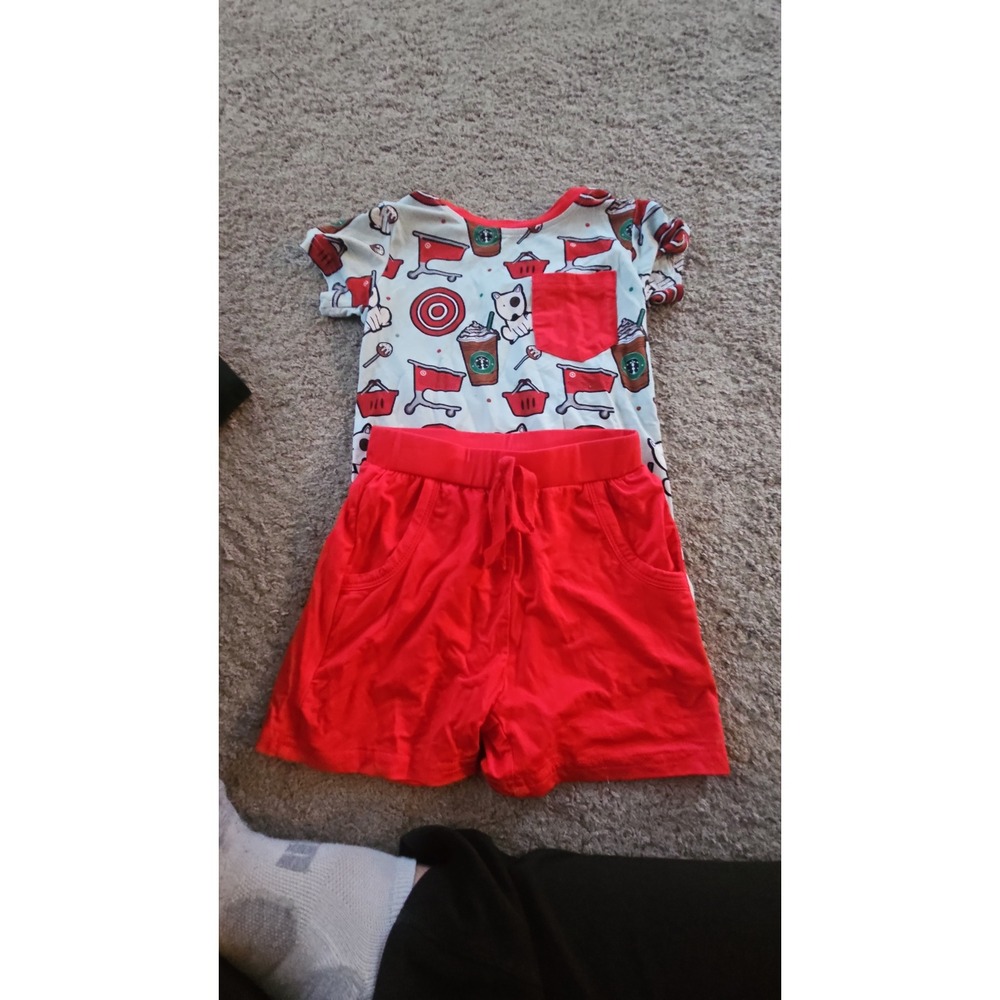 Bamboo  Shopping Cart Coffee Print T-Shirt and Red Shorts 2 Piece Set